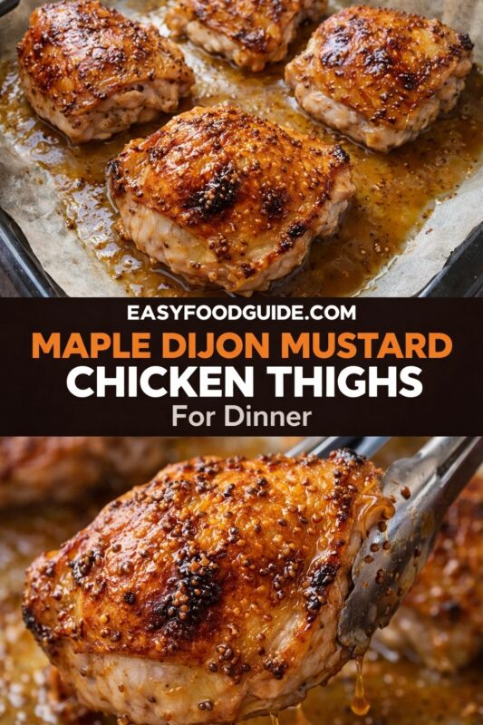 Two images of maple Dijon mustard chicken thighs: top shows four glazed, crispy-skinned thighs on a baking sheet; bottom features tongs lifting one thigh with dripping sauce. Text: “Maple Dijon Mustard Chicken Thighs – For Dinner” + EASYFOODGUIDE.COM. Rich glaze, savory texture, warm lighting.