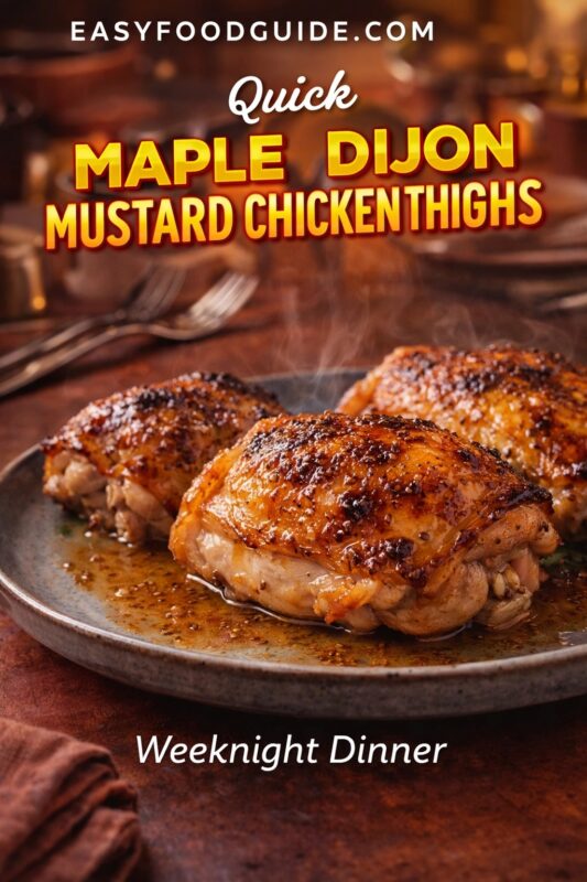 Steaming plate of quick maple Dijon mustard chicken thighs: golden, glazed skin with visible mustard seeds, served on rustic ceramic dish. Text: “Quick Maple Dijon Mustard Chicken Thighs – Weeknight Dinner” + EASYFOODGUIDE.COM. Warm background with forks and napkin, inviting aroma implied.