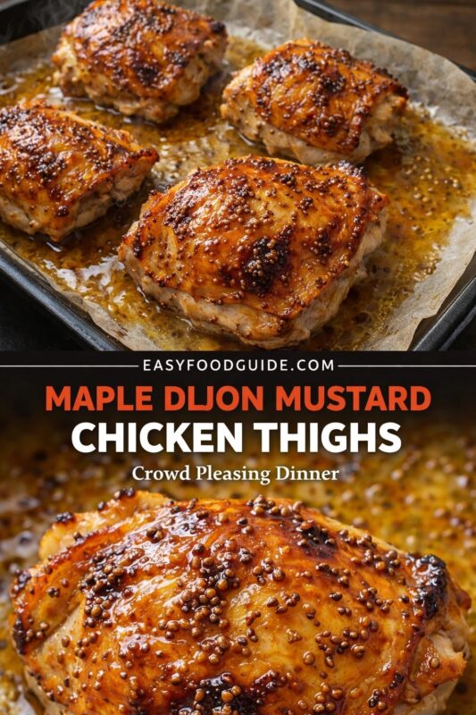 Two images of maple Dijon mustard chicken thighs: top shows four glazed, crispy-skinned thighs on a baking sheet; bottom is close-up of glistening, seed-speckled skin. Text: “Maple Dijon Mustard Chicken Thighs – Crowd Pleasing Dinner” + EASYFOODGUIDE.COM. Rich glaze, warm lighting, appetizing texture.