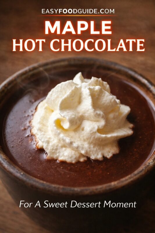 This close-up image shows a steaming cup of maple hot chocolate in a dark ceramic mug, topped with a fluffy swirl of whipped cream. The rich brown liquid glistens under warm lighting. Text at the top reads “EASYFOODGUIDE.COM” and “MAPLE HOT CHOCOLATE” in glowing orange-white letters. At the bottom: “For A Sweet Dessert Moment.” The wooden background enhances the cozy, indulgent feel — perfect for a comforting winter treat or dessert pause.