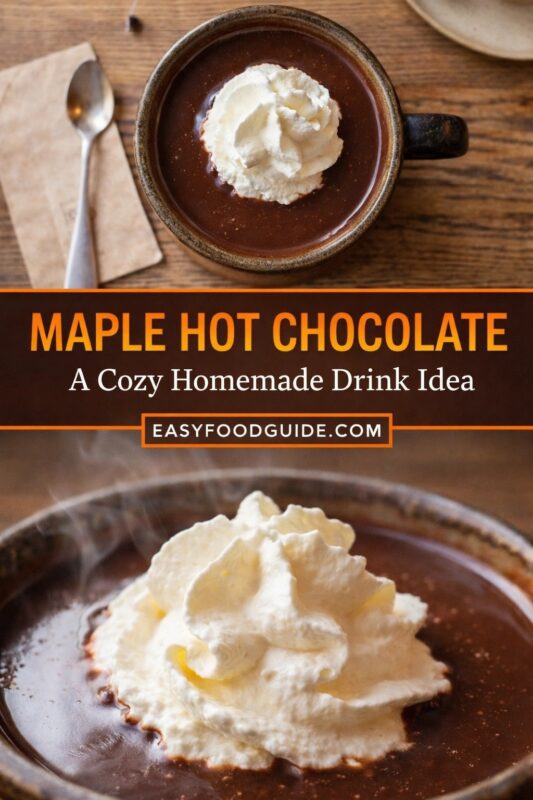 This vertical image displays two views of maple hot chocolate in rustic brown mugs, each topped with a generous swirl of whipped cream. The top photo shows an overhead shot with a spoon and napkin beside the mug on wood grain. The bottom is a close-up with visible steam rising. A central banner reads: “MAPLE HOT CHOCOLATE — A Cozy Homemade Drink Idea” above “EASYFOODGUIDE.COM.” Warm tones evoke comfort and homemade indulgence — ideal for chilly days or sweet moments at home.