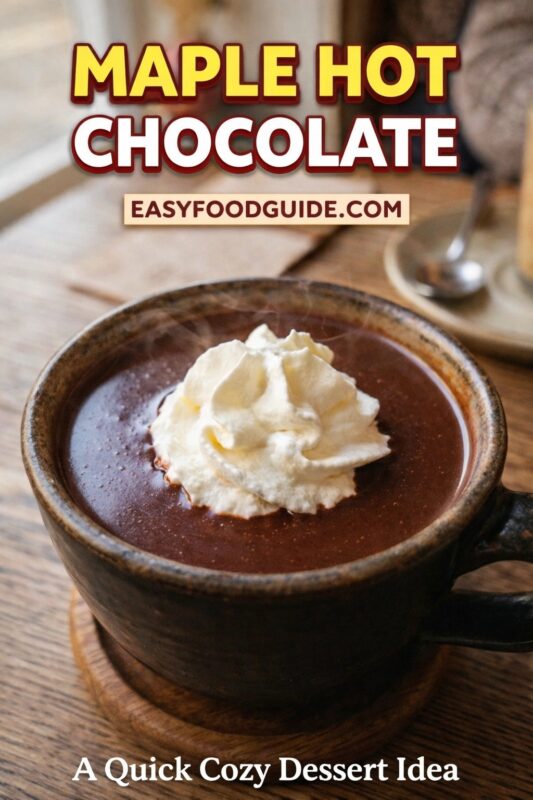 This image features a steaming mug of maple hot chocolate in a dark ceramic cup, topped with a fluffy swirl of whipped cream. The rich brown drink sits on a wooden coaster atop a rustic table, with a spoon and napkin softly blurred in the background. Bold text at the top reads “MAPLE HOT CHOCOLATE” in yellow and white with red outline; below it, “EASYFOODGUIDE.COM.” At the bottom: “A Quick Cozy Dessert Idea.” Warm lighting and rising steam evoke comfort — perfect for a sweet, speedy winter treat or dessert moment at home.