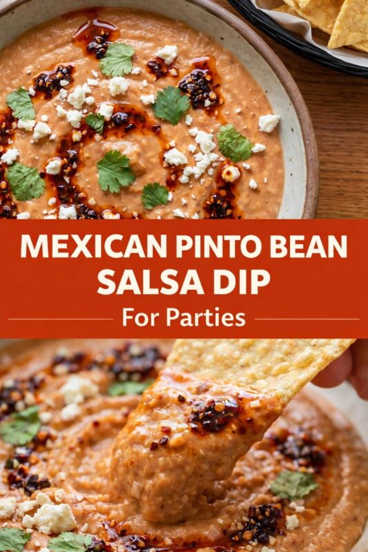 Two images of Mexican pinto bean salsa dip: top shows bowl garnished with cilantro, cheese, and chili oil beside tortilla chips; bottom features chip dipping into creamy, spiced dip. Text on orange banner: “Mexican Pinto Bean Salsa Dip – For Parties.” Vibrant, shareable appetizer perfect for gatherings.