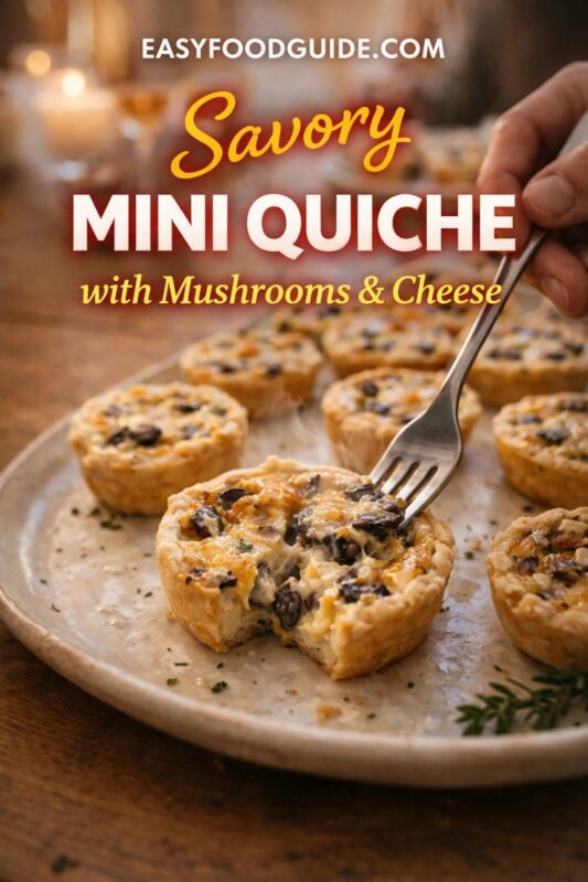 Savory mini quiche with mushrooms & cheese: steaming, golden-topped tarts arranged on rustic ceramic plate — one being pierced by fork to reveal creamy, cheesy interior studded with dark mushrooms. Fresh thyme garnish; soft candlelight glow in background. Text: “Savory Mini Quiche – with Mushrooms & Cheese” + EASYFOODGUIDE.COM. Elegant, bite-sized appetizers perfect for brunches, parties, or cozy gatherings.