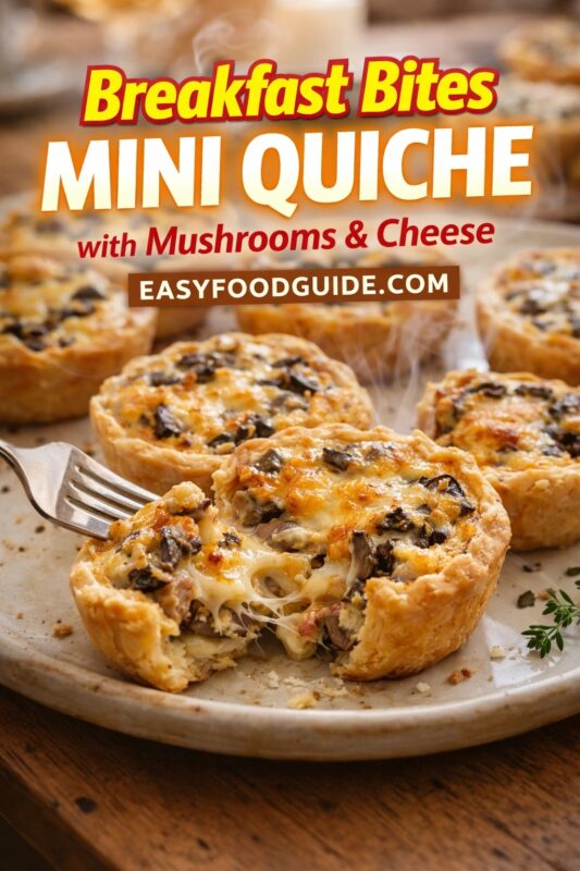 Breakfast Bites Mini Quiche with Mushrooms & Cheese: steaming, golden-brown tarts on rustic ceramic plate — one broken open by fork to reveal gooey melted cheese and savory mushroom filling. Fresh thyme garnish; warm wood table background. Text: “Breakfast Bites MINI QUICHE – with Mushrooms & Cheese” + EASYFOODGUIDE.COM. Perfect for brunches, meal prep, or holiday mornings — portable, protein-packed, and utterly delicious.
