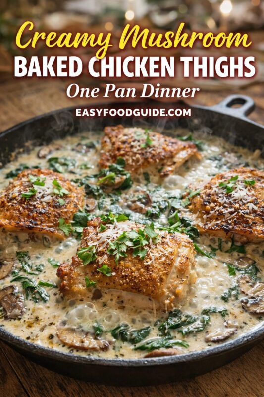 Creamy Mushroom Baked Chicken Thighs — One Pan Dinner: four golden-brown, crispy-skinned thighs nestled in a bubbling, velvety cream sauce studded with sliced mushrooms and wilted spinach. Garnished with fresh parsley and grated Parmesan; steam rises from the cast iron skillet on rustic wood table. Warm bokeh lights in background. Text: “Creamy Mushroom BAKED CHICKEN THIGHS – One Pan Dinner” + EASYFOODGUIDE.COM. Rich, comforting, effortless meal — perfect for weeknights or cozy gatherings with minimal cleanup and maximum flavor.