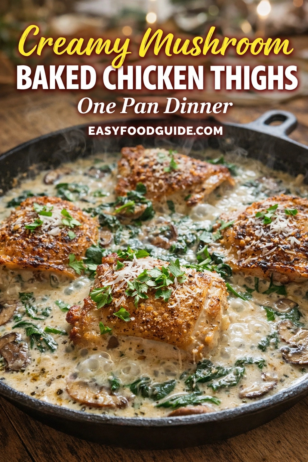 Creamy Mushroom Baked Chicken Thighs — One Pan Dinner: four golden-brown, crispy-skinned thighs nestled in a bubbling, velvety cream sauce studded with sliced mushrooms and wilted spinach. Garnished with fresh parsley and grated Parmesan; steam rises from the cast iron skillet on rustic wood table. Warm bokeh lights in background. Text: “Creamy Mushroom BAKED CHICKEN THIGHS – One Pan Dinner” + EASYFOODGUIDE.COM. Rich, comforting, effortless meal — perfect for weeknights or cozy gatherings with minimal cleanup and maximum flavor.