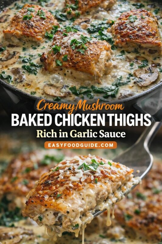 Creamy Mushroom Baked Chicken Thighs — Rich in Garlic Sauce: two images showcase the dish’s luxurious appeal. Top view shows golden-brown thighs simmering in a bubbling, herb-flecked cream sauce with mushrooms and spinach in a black skillet. Bottom image features a spoon lifting a succulent thigh — creamy garlic sauce dripping, topped with fresh parsley and grated cheese. Text overlay: “Creamy Mushroom BAKED CHICKEN THIGHS – Rich in Garlic Sauce” + EASYFOODGUIDE.COM. Decadent yet simple one-pan dinner — perfect for cozy nights or impressing guests without extra dishes.