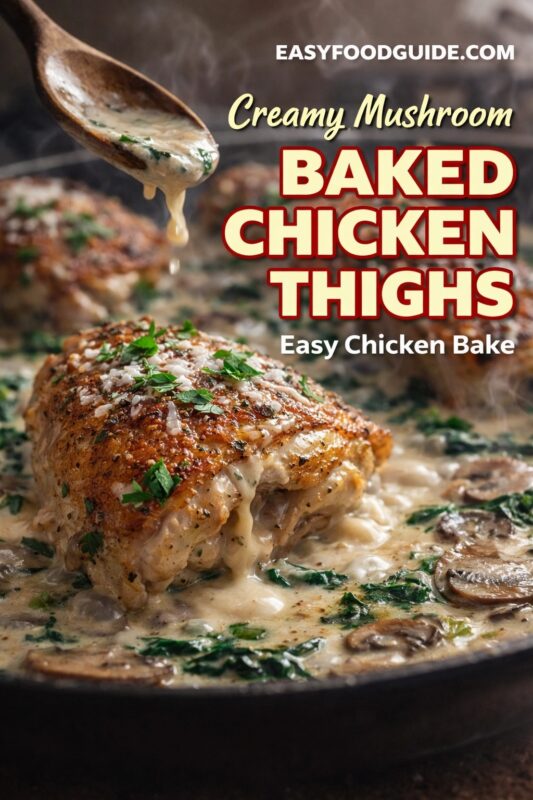 Creamy Mushroom Baked Chicken Thighs — Easy Chicken Bake: close-up of a golden, crispy-skinned thigh nestled in rich, steaming cream sauce with sliced mushrooms and wilted greens. A wooden spoon drizzles more sauce over the top; fresh parsley and grated cheese garnish the dish. Text: “Creamy Mushroom BAKED CHICKEN THIGHS – Easy Chicken Bake” + EASYFOODGUIDE.COM. Rustic cast iron skillet, warm ambient lighting — comforting, one-pan dinner ready with minimal effort, perfect for weeknights or family gatherings.