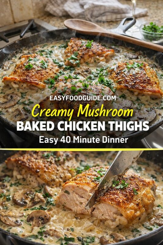 Creamy Mushroom Baked Chicken Thighs — Easy 40 Minute Dinner: two images showcase the dish’s comforting appeal. Top view shows four golden-brown thighs simmering in a bubbling, herb-flecked cream sauce with mushrooms and spinach in a black skillet; wooden spoon rests nearby. Bottom image features knife slicing into a thigh — revealing juicy, tender meat beneath crispy skin, surrounded by rich sauce. Text overlay: “Creamy Mushroom BAKED CHICKEN THIGHS – Easy 40 Minute Dinner” + EASYFOODGUIDE.COM. Rustic kitchen backdrop, warm lighting — effortless one-pan meal perfect for busy weeknights or cozy family dinners without sacrificing flavor or texture.