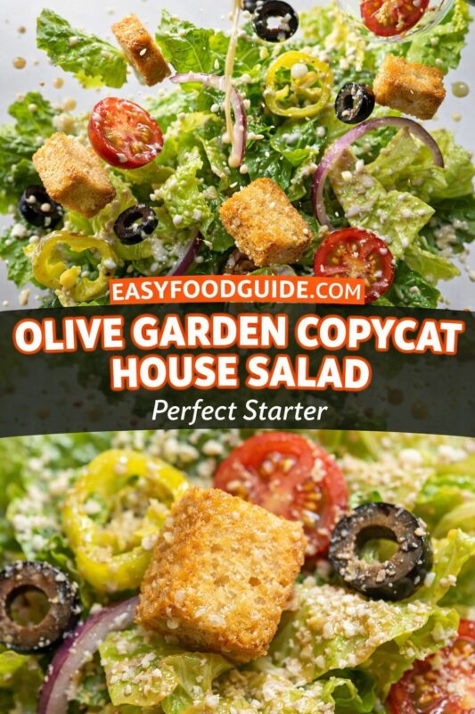 Two images of Olive Garden copycat house salad: top shows ingredients mid-air with dressing pour; bottom is close-up of crouton, olive, tomato, and cheese on lettuce. Text: “Olive Garden Copycat House Salad – Perfect Starter” + EASYFOODGUIDE.COM. Fresh, dynamic, appetizing presentation.