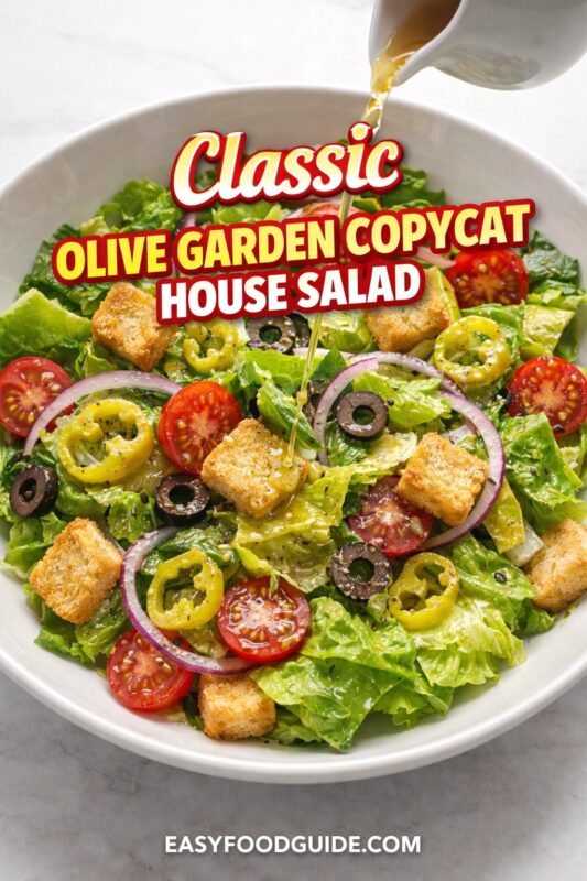 Classic Olive Garden copycat house salad in white bowl: crisp lettuce, cherry tomatoes, red onion rings, black olives, pepperoncini, croutons. Dressing being poured from pitcher. Text: “Classic Olive Garden Copycat House Salad” + EASYFOODGUIDE.COM. Bright, fresh, restaurant-style presentation on marble surface.