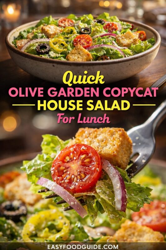 Two images of quick Olive Garden copycat house salad: top shows full bowl with tomatoes, olives, croutons; bottom features fork lifting bite with tomato, onion, lettuce. Text: “Quick Olive Garden Copycat House Salad – For Lunch” + EASYFOODGUIDE.COM. Warm bokeh background, vibrant, fresh ingredients.