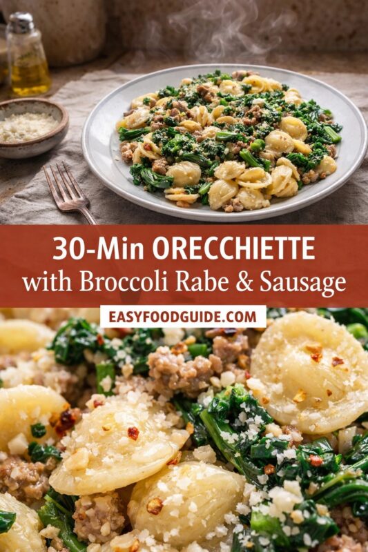 orecchiette-broccoli-rabe-sausage-4 Top: Steaming plate of orecchiette with broccoli rabe, sausage, and grated cheese; fork, olive oil, and cheese bowl beside it on linen. Bottom: Close-up shows pasta texture, greens, meat, red pepper flakes, and Parmesan. Text overlay: “30-Min ORECCHIETTE with Broccoli Rabe & Sausage” + “EASYFOODGUIDE.COM” in white on rust banner. Warm, rustic kitchen lighting.