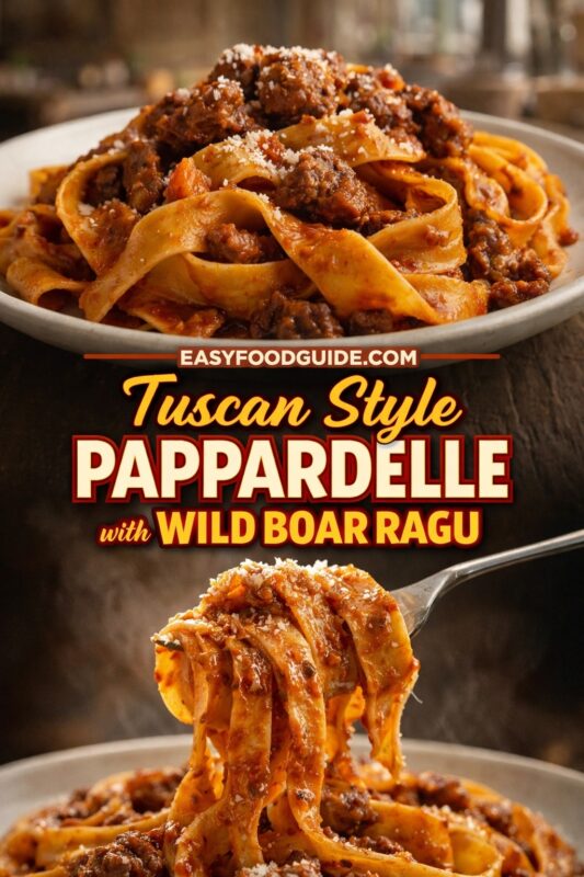 Tuscan Style Pappardelle with Wild Boar Ragu: wide, ribbon-like pasta twirled on a fork and piled high in a rustic bowl — rich, dark ragu clinging to every strand, dusted with grated Parmesan. Steam rises subtly; warm, blurred Italian trattoria background. Text: “Tuscan Style PAPPARDELLE – with WILD BOAR RAGU” + EASYFOODGUIDE.COM. Hearty, earthy, deeply flavorful — authentic regional dish perfect for special dinners or adventurous food lovers.