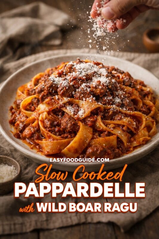 Slow Cooked Pappardelle with Wild Boar Ragu: wide, hand-cut pasta ribbons smothered in rich, deeply browned wild boar ragu — a hand sprinkles freshly grated Parmesan over the steaming dish. Served in rustic ceramic bowl on linen-draped wooden table; small cheese bowl nearby. Text: “Slow Cooked PAPPARDELLE – with WILD BOAR RAGU” + EASYFOODGUIDE.COM. Earthy, robust, slow-simmered Italian comfort food — perfect for weekend feasts or gourmet home cooking.