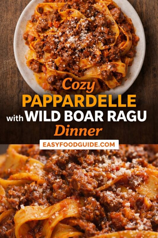Cozy Pappardelle with Wild Boar Ragu Dinner: two views — top shows overhead plate of wide pasta ribbons blanketed in rich, chunky wild boar sauce and dusted with Parmesan; bottom is close-up highlighting tender meat, glossy tomato base, and cheese flecks. Text on dark wood background: “Cozy PAPPARDELLE – with WILD BOAR RAGU Dinner” + EASYFOODGUIDE.COM. Rustic, hearty, deeply flavorful Italian comfort food — perfect for chilly nights or special weekend dinners.