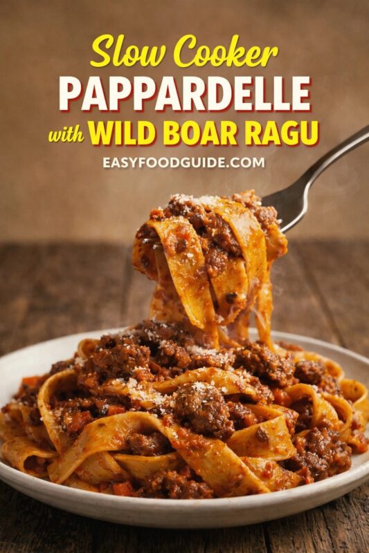 Slow Cooker Pappardelle with Wild Boar Ragu: fork lifts steaming, sauce-clung ribbons of wide pasta from rustic white bowl — rich, dark ragu studded with tender meat and herbs, dusted with grated cheese. Warm wooden table background; soft steam rises invitingly. Text: “Slow Cooker PAPPARDELLE – with WILD BOAR RAGU” + EASYFOODGUIDE.COM. Effortless elegance meets deep flavor — perfect for set-it-and-forget-it gourmet dinners or cozy weekend feasts.