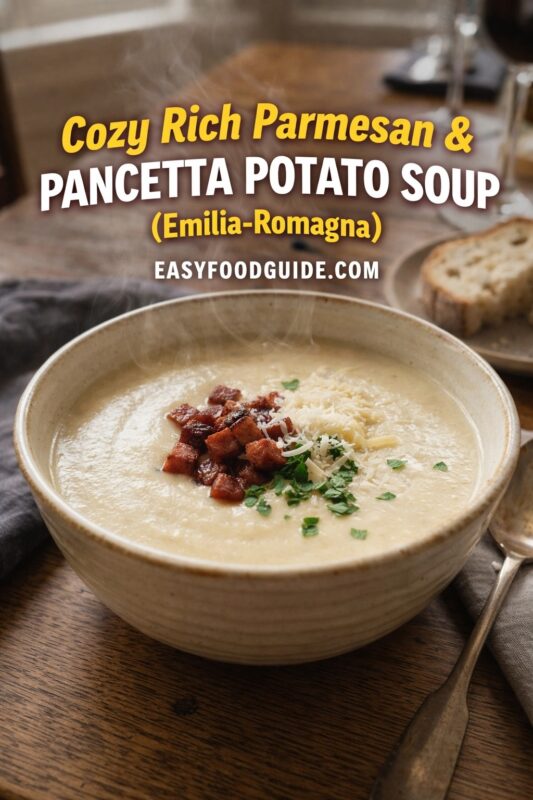 Cozy Rich Parmesan & Pancetta Potato Soup (Emilia-Romagna): steaming, velvety cream-colored soup in rustic ceramic bowl — topped with crispy pancetta cubes, freshly grated Parmesan, and chopped parsley. Slice of crusty bread on side plate; soft natural light, wooden table, linen napkin. Text: “Cozy Rich Parmesan & Pancetta Potato Soup (Emilia-Romagna)” + EASYFOODGUIDE.COM. Hearty Italian comfort food — perfect for chilly days or elegant weeknight dinners.