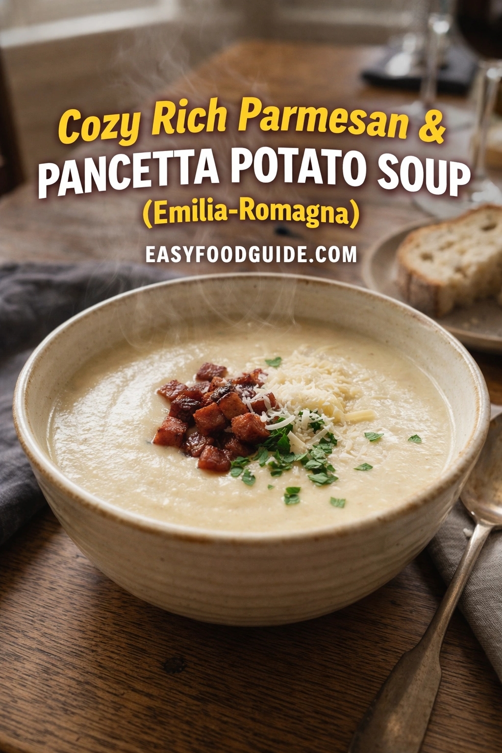 Cozy Rich Parmesan & Pancetta Potato Soup (Emilia-Romagna): steaming, velvety cream-colored soup in rustic ceramic bowl — topped with crispy pancetta cubes, freshly grated Parmesan, and chopped parsley. Slice of crusty bread on side plate; soft natural light, wooden table, linen napkin. Text: “Cozy Rich Parmesan & Pancetta Potato Soup (Emilia-Romagna)” + EASYFOODGUIDE.COM. Hearty Italian comfort food — perfect for chilly days or elegant weeknight dinners.