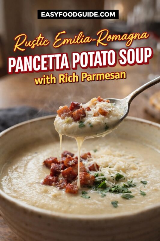 parmesan-pancetta-potato-soup-3 Rustic Emilia-Romagna pancetta potato soup with rich Parmesan: spoon lifts steaming, velvety portion — creamy base studded with crispy pancetta cubes, melted cheese stretching downward, garnished with fresh parsley. Served in earthy ceramic bowl on warm wood table. Text: “Rustic Emilia-Romagna Pancetta Potato Soup – with Rich Parmesan” + EASYFOODGUIDE.COM. Hearty, authentic Italian comfort food — perfect for cozy dinners or winter gatherings.