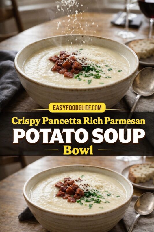 parmesan-pancetta-potato-soup-4 Two images of crispy pancetta rich Parmesan potato soup bowl: top shows steaming, velvety soup in rustic ceramic bowl as grated cheese falls onto toppings — crispy pancetta cubes and fresh parsley; bottom is identical scene without falling cheese. Text on dark banner: “Crispy Pancetta Rich Parmesan POTATO SOUP Bowl” + EASYFOODGUIDE.COM. Warm wood table, linen napkin, bread slice, wine glass blurred in background — luxurious Italian comfort food perfect for chilly evenings or elegant weeknight dinners.
