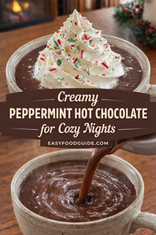 Top: Steaming mug of creamy peppermint hot chocolate topped with whipped cream and red/green sprinkles; cozy fireplace and holiday greenery in background. Bottom: Rich hot chocolate being poured into a speckled ceramic mug, swirling as it fills. Text overlay: “Creamy PEPPERMINT HOT CHOCOLATE for Cozy Nights” + “EASYFOODGUIDE.COM” on brown banner. Warm, festive lighting evokes comfort and seasonal cheer.