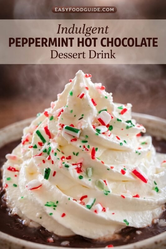 Steaming mug of indulgent peppermint hot chocolate crowned with a towering swirl of whipped cream, generously sprinkled with crushed candy canes and festive red/green nonpareils. Steam rises gently from the rich, dark beverage beneath. Text overlay: “EASYFOODGUIDE.COM” above “Indulgent PEPPERMINT HOT CHOCOLATE Dessert Drink” in elegant brown font on soft beige banner. Warm, blurred background enhances cozy, holiday dessert vibe.