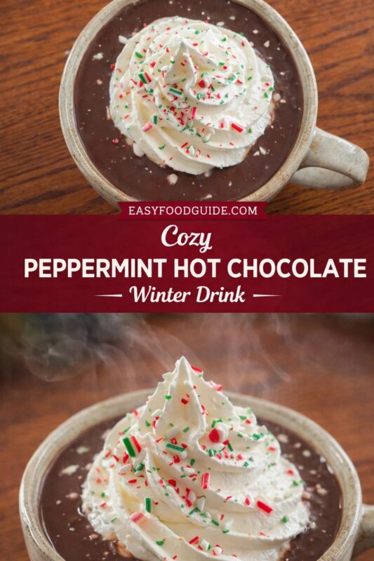 Top: Overhead view of steaming peppermint hot chocolate in a rustic ceramic mug — topped with whipped cream and red/green sprinkles on wood surface. Bottom: Side angle shows steam rising from same drink, emphasizing warmth and texture. Text overlay: “EASYFOODGUIDE.COM” above “Cozy PEPPERMINT HOT CHOCOLATE — Winter Drink —” on deep red banner. Festive, inviting, perfect for cold nights; rich browns and holiday colors dominate.