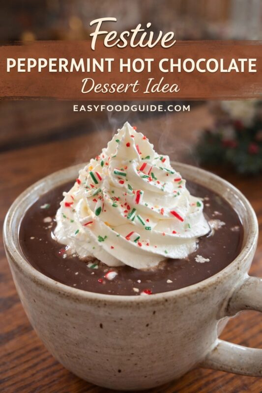 Steaming mug of festive peppermint hot chocolate in a speckled ceramic cup — rich, dark cocoa topped with a tall swirl of whipped cream and crushed candy canes (red/white/green). Gentle steam rises; blurred holiday greenery in background. Text overlay: “Festive PEPPERMINT HOT CHOCOLATE Dessert Idea” + “EASYFOODGUIDE.COM” on warm brown banner at top. Cozy, seasonal, indulgent dessert drink vibe.