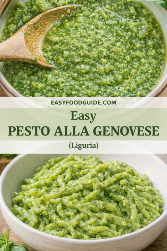 This image from EASYFOODGUIDE.COM showcases “Easy PESTO ALLA GENOVESE (Liguria).” Top: close-up of vibrant green pesto in a ceramic bowl with wooden spoon, glistening with olive oil. Bottom: trofie pasta coated in the same pesto, served in rustic bowl; fresh basil leaves nearby. Text overlay highlights simplicity and regional origin — classic Ligurian sauce made easy.
