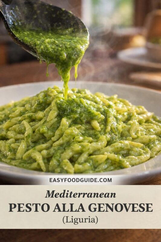 This image from EASYFOODGUIDE.COM features “Mediterranean PESTO ALLA GENOVESE (Liguria).” A black ladle pours vibrant, steaming green pesto over a bowl of trofie pasta. The sauce drips richly, highlighting its texture and freshness. Warm rustic background suggests home cooking. Text overlay emphasizes Mediterranean roots and Ligurian tradition — simple, aromatic, authentic.