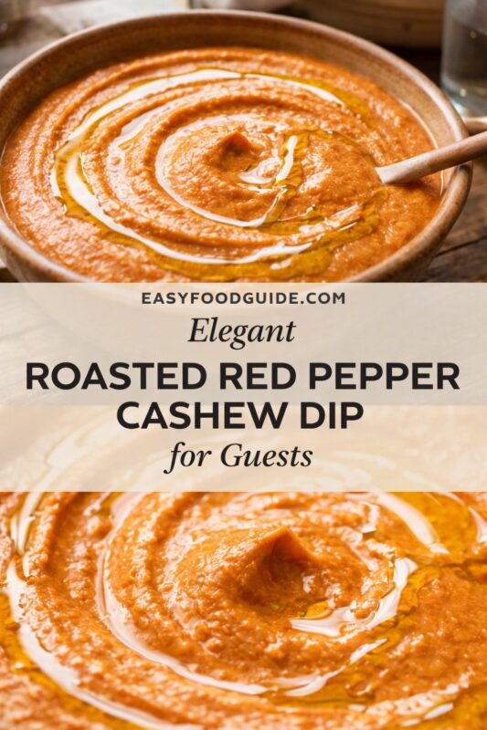 Two views of elegant roasted red pepper cashew dip in a rustic bowl — smooth, vibrant orange texture swirled with olive oil. Top: wooden spoon dipped in; bottom: close-up swirl detail. Text overlay: “EASYFOODGUIDE.COM — Elegant ROASTED RED PEPPER CASHEW DIP for Guests”. Creamy, vegan, sophisticated appetizer perfect for entertaining.