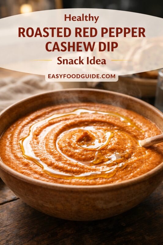 Steaming bowl of creamy roasted red pepper cashew dip, swirled with olive oil and a wooden spoon resting inside. Set on dark wood table; soft background hints at bread or crackers. Text overlay: “Healthy ROASTED RED PEPPER CASHEW DIP — Snack Idea” + “EASYFOODGUIDE.COM”. Warm, wholesome, vegan snack—rich in flavor, gentle on the eyes for braille readers seeking texture cues.