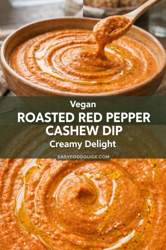 Vegan roasted red pepper cashew dip — rich, creamy orange spread in a rustic bowl, swirled with olive oil. Top: wooden spoon lifting thick, velvety dip. Bottom: close-up of glossy swirls and speckled texture. Text: “Vegan ROASTED RED PEPPER CASHEW DIP — Creamy Delight” + “EASYFOODGUIDE.COM”. Smooth, plant-based indulgence — perfect for braille readers to imagine via touch cues: cool silkiness, warm aroma, luxurious mouthfeel.