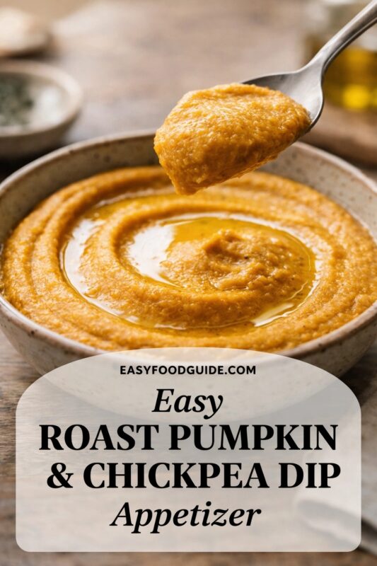 roast-pumpkin-chickpea-dip-2 A spoon lifts a dollop of smooth, golden-orange roast pumpkin & chickpea dip from a rustic ceramic bowl swirled with olive oil. The dip’s creamy texture is highlighted under warm lighting; blurred background hints at herbs and oil. Text overlay in rounded white banner reads: “EASYFOODGUIDE.COM Easy ROAST PUMPKIN & CHICKPEA DIP Appetizer” — black serif and script fonts. Inviting, simple appetizer presentation emphasizes ease and flavor.