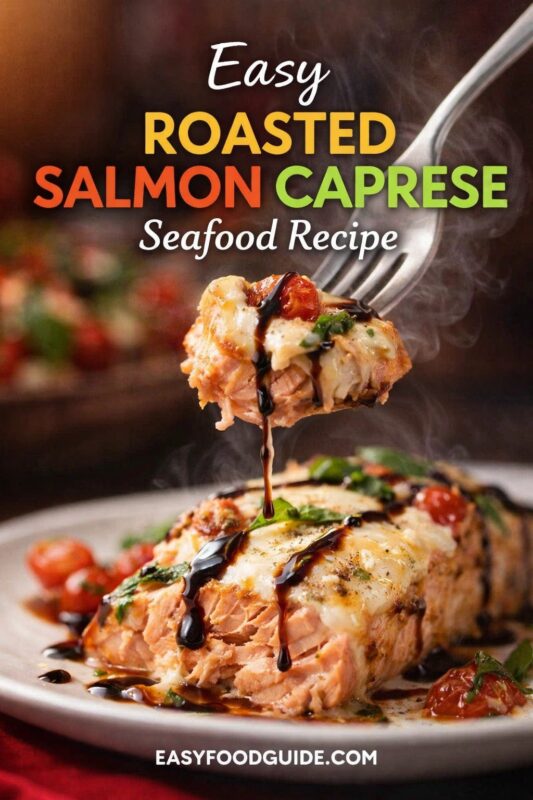 Easy roasted salmon Caprese: flaky, tender salmon topped with melted mozzarella, burst cherry tomatoes, fresh basil, and drizzled balsamic glaze. Fork lifts steaming bite — rich, savory, aromatic. Text: “Easy Roasted Salmon Caprese – Seafood Recipe” + EASYFOODGUIDE.COM. Warm, inviting presentation on white plate with red napkin — quick gourmet dinner ready in minutes.