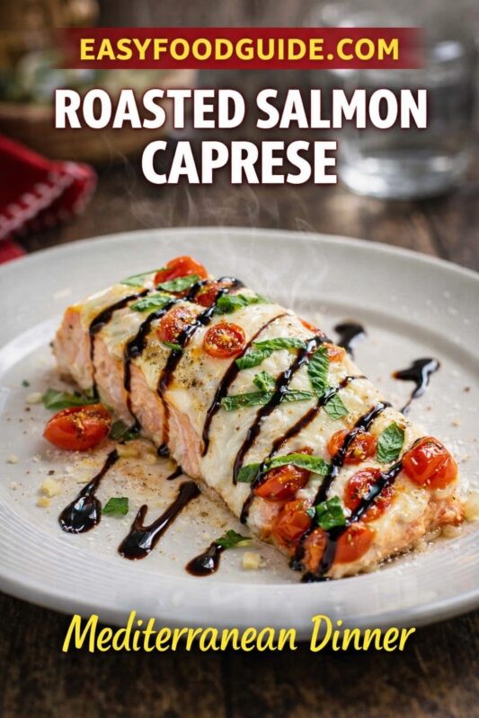 Roasted salmon Caprese: steaming fillet topped with melted mozzarella, roasted cherry tomatoes, fresh basil, and balsamic glaze — served on a white plate over rustic wood. Text: “ROASTED SALMON CAPRESE – Mediterranean Dinner” + EASYFOODGUIDE.COM. Elegant, aromatic, healthy meal with Italian-Mediterranean flair — perfect for weeknights or entertaining.