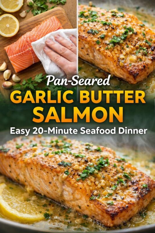 salmon-pan-seared-2 Pan-seared garlic butter salmon: three images show prep (patting dry raw fillet), finished dish in skillet with sizzling garlic-herb butter, and close-up of flaky, golden-brown salmon with lemon slice. Text: “Pan-Seared Garlic Butter Salmon – Easy 20-Minute Seafood Dinner.” Fresh parsley, garlic cloves, lemons — quick, elegant, restaurant-quality meal at home.