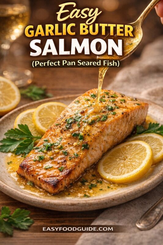 salmon-pan-seared-3 Easy garlic butter salmon: perfectly pan-seared fillet on rustic plate, surrounded by lemon slices and fresh parsley. Golden spoon pours glossy garlic-butter sauce over flaky fish. Text: “Easy Garlic Butter Salmon (Perfect Pan Seared Fish)” + EASYFOODGUIDE.COM. Warm wood table, wine glass in background — elegant, 20-minute seafood dinner with rich, aromatic finish.