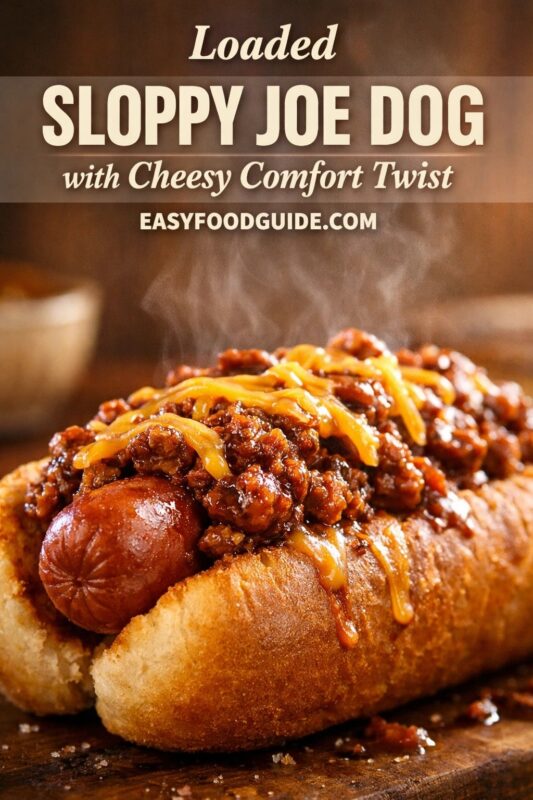 A steaming hot dog in a bun, topped with sloppy joe meat and melted cheddar cheese. Text overlay reads: "Loaded SLOPPY JOE DOG with Cheesy Comfort Twist" and "EASYFOODGUIDE.COM". The dish sits on wood, steam rising, suggesting warmth and comfort food appeal.