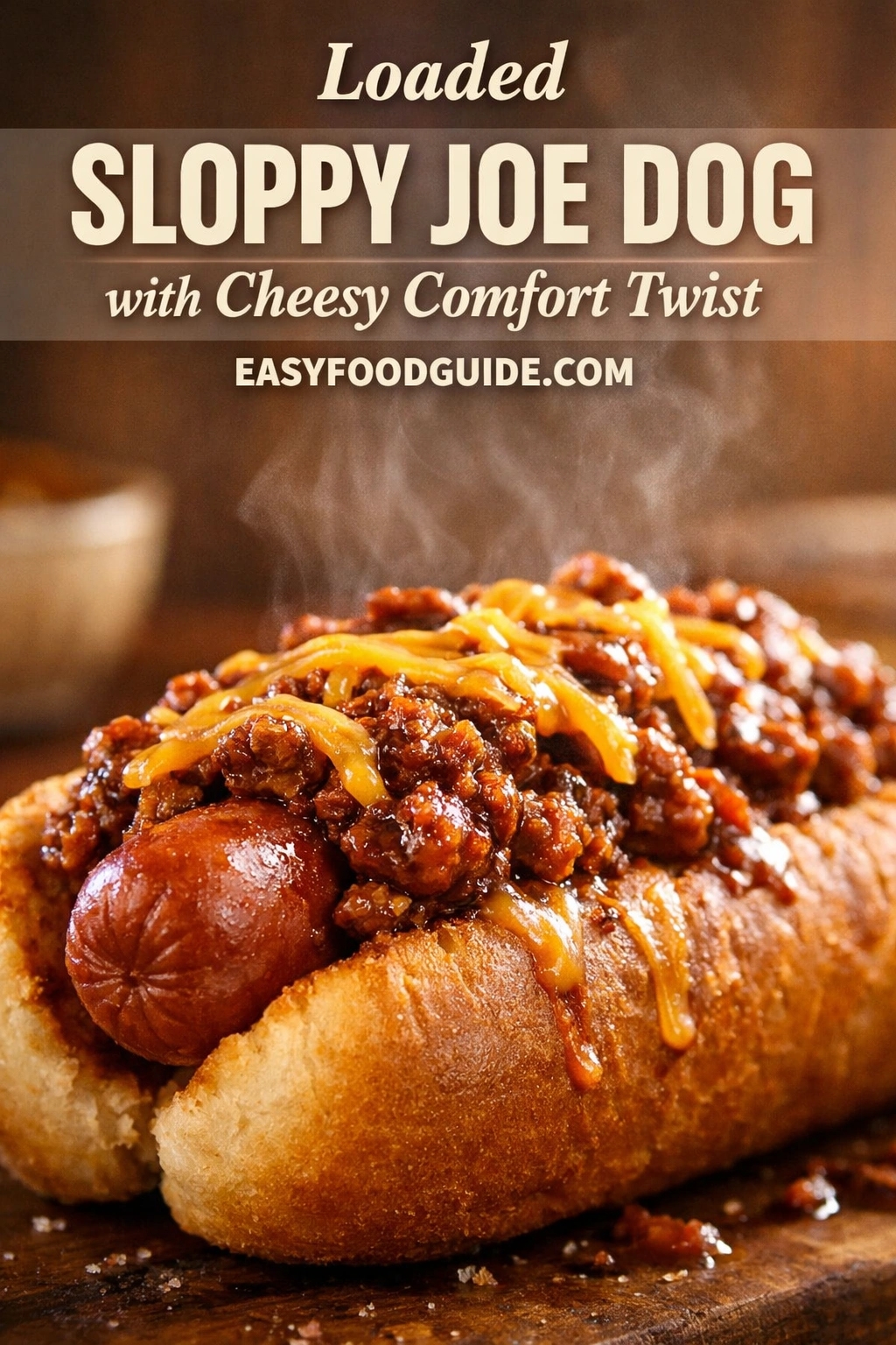 A steaming hot dog in a bun, topped with sloppy joe meat and melted cheddar cheese. Text overlay reads: "Loaded SLOPPY JOE DOG with Cheesy Comfort Twist" and "EASYFOODGUIDE.COM". The dish sits on wood, steam rising, suggesting warmth and comfort food appeal.