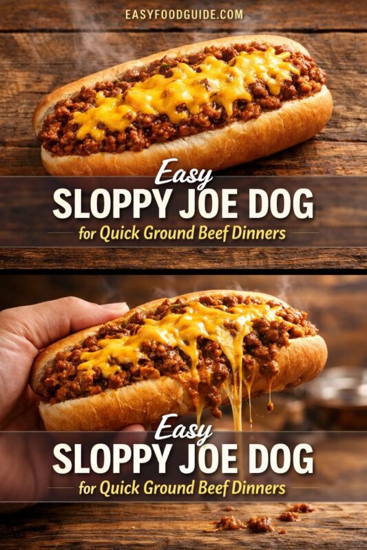 sloppy-joe-dog-2 Two images of a “Sloppy Joe Dog” — hot dog in bun topped with ground beef sauce and melted cheese. Top: on wood surface, steam rising. Bottom: hand holding it, cheese dripping. Text: “Easy SLOPPY JOE DOG for Quick Ground Beef Dinners” + “EASYFOODGUIDE.COM”. Warm, messy, comforting meal vibe.