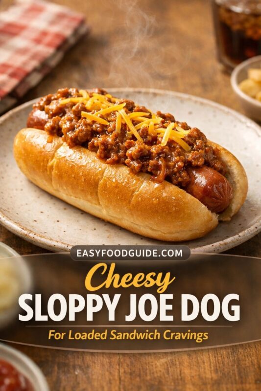 sloppy-joe-dog-3 Steaming hot dog in a soft bun, piled high with sloppy joe meat and shredded cheddar cheese, served on a speckled plate. Background: checkered napkin, condiment bowls, wooden table. Text overlay: “Cheesy SLOPPY JOE DOG — For Loaded Sandwich Cravings” + “EASYFOODGUIDE.COM”. Warm, hearty, indulgent comfort food.
