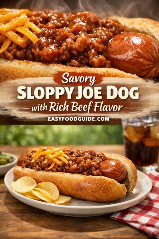 sloppy-joe-dog-4 Two views of a “Savory Sloppy Joe Dog” — hot dog in bun smothered in rich beefy sauce and shredded cheese. Top: close-up, steam rising. Bottom: plated with chips, soda, checkered napkin, greenery behind. Text: “Savory SLOPPY JOE DOG with Rich Beef Flavor” + “EASYFOODGUIDE.COM”. Hearty, casual, flavorful meal.