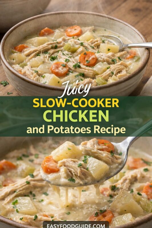 Two images of juicy slow-cooker chicken and potatoes: top shows steaming bowl with shredded chicken, carrots, potatoes, and celery in creamy broth; bottom features spoon lifting hearty portion with dripping sauce. Text: “Juicy Slow-Cooker Chicken and Potatoes Recipe” + EASYFOODGUIDE.COM. Rustic ceramic bowls, fresh parsley garnish — comforting, one-pot meal ideal for weeknights or chilly evenings.