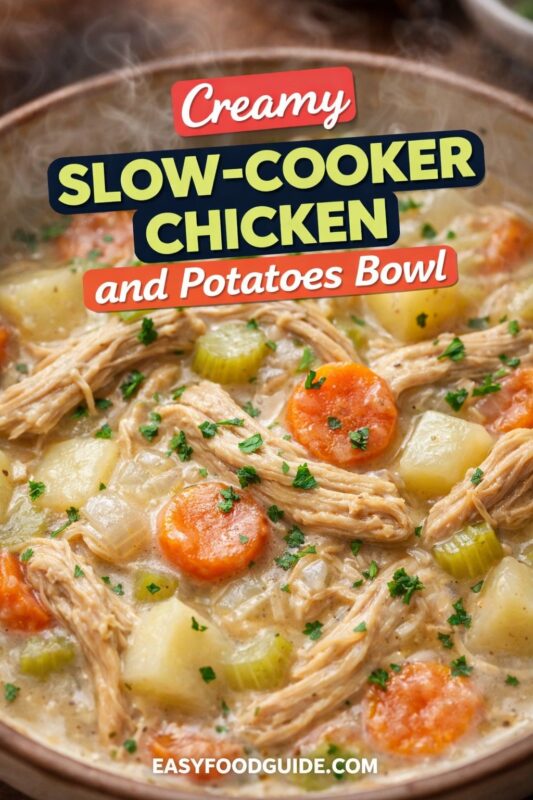 Creamy slow-cooker chicken and potatoes bowl: tender shredded chicken, diced potatoes, carrots, and celery simmered in a rich, velvety sauce — garnished with fresh parsley. Steam rises from the rustic ceramic bowl. Text: “Creamy Slow-Cooker Chicken and Potatoes Bowl” + EASYFOODGUIDE.COM. Hearty, comforting, one-pot meal perfect for cozy dinners or easy weeknight prep.