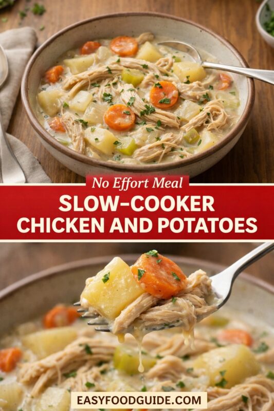 Two images of no-effort slow-cooker chicken and potatoes: top shows full bowl with shredded chicken, carrots, potatoes, and celery in creamy broth; bottom features fork lifting tender bite with dripping sauce. Text on red banner: “No Effort Meal – Slow-Cooker Chicken and Potatoes” + EASYFOODGUIDE.COM. Rustic wood table, linen napkin — effortless, comforting dinner ready when you are.