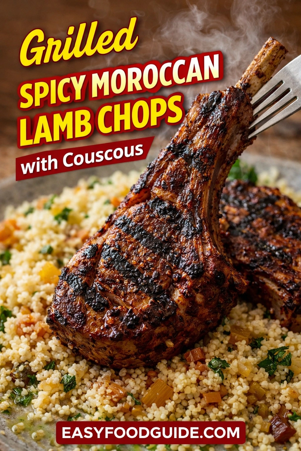 Grilled spicy Moroccan lamb chops with charred crust, served over herbed couscous with diced vegetables. A fork lifts one chop, steam rising. Text: “Grilled Spicy Moroccan Lamb Chops with Couscous” + EASYFOODGUIDE.COM on red banner. Vibrant, aromatic presentation.