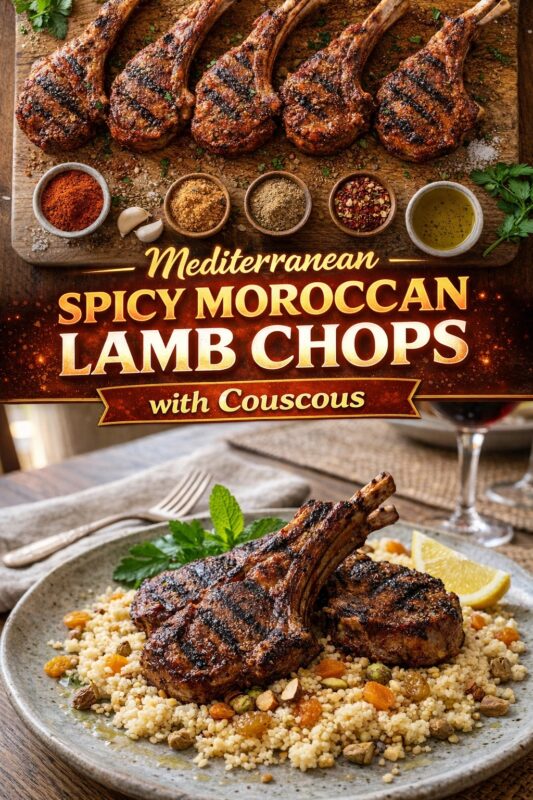 Two images of Mediterranean spicy Moroccan lamb chops: top shows grilled chops on wood board with spice bowls; bottom features plated chops over couscous with nuts, raisins, lemon, and mint. Text overlay: “Mediterranean Spicy Moroccan Lamb Chops with Couscous.” Elegant table setting, wine glass in background.